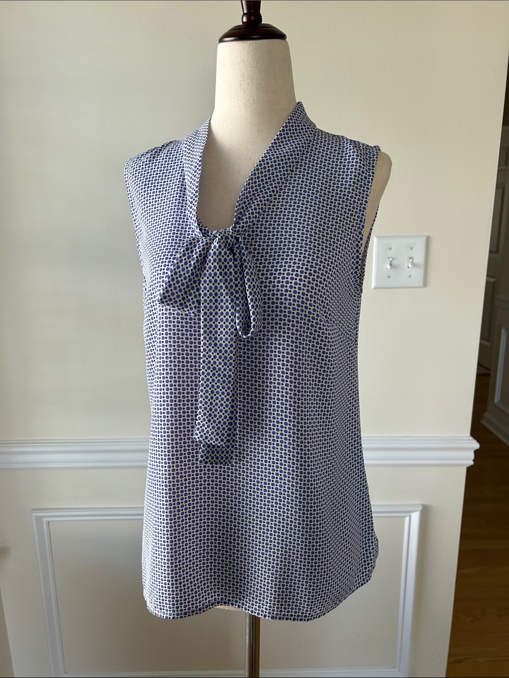 Talbots Navy and White Dot Tie-Neck Sleeveless Blouse